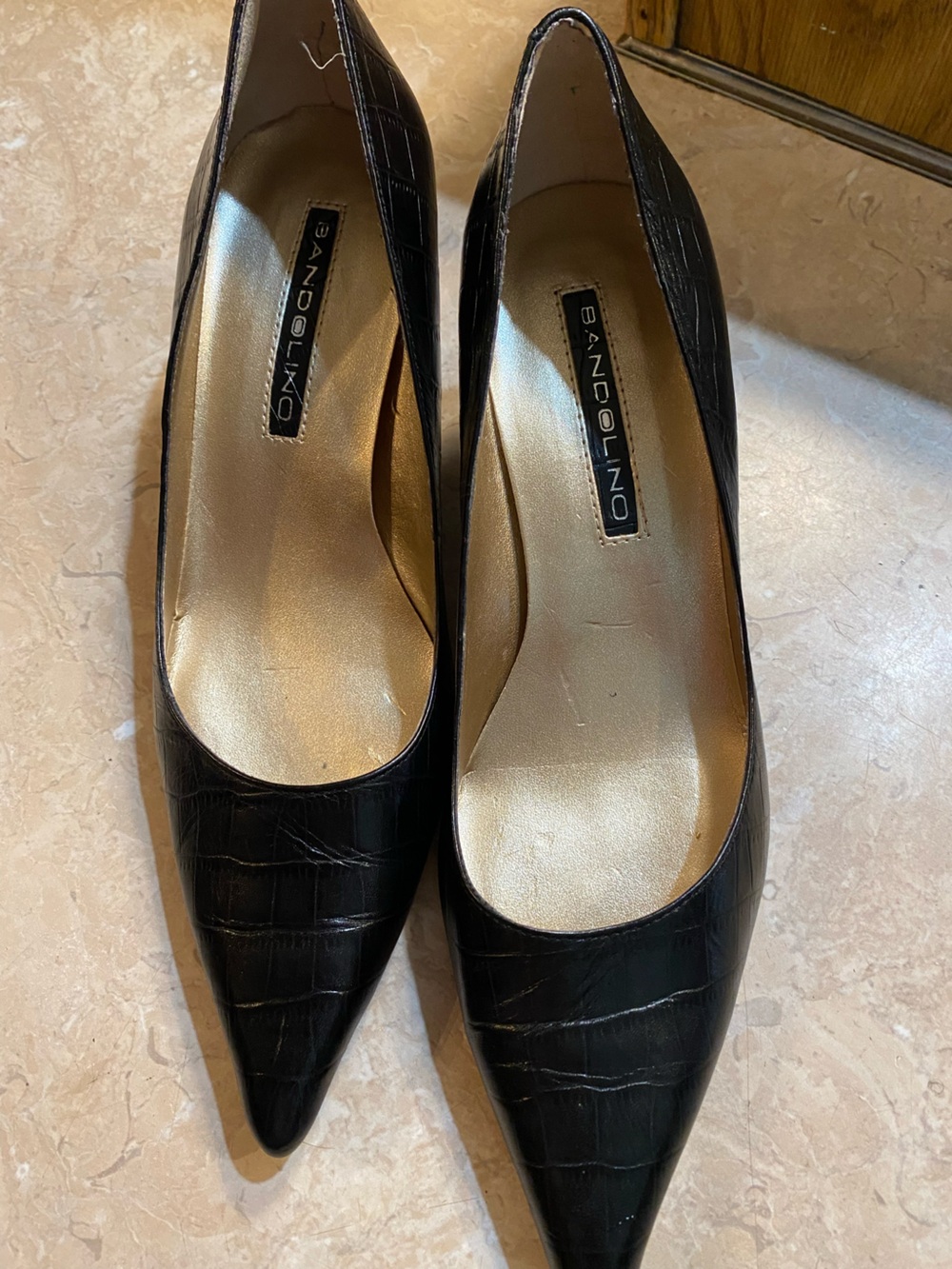 Bandolino Black Croc-Embossed Pointed-Toe Flats with Gold Insole